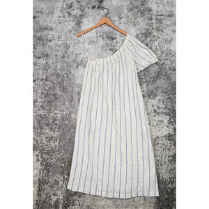 New Madewell Dress Womens Striped Seersucker One Shoulder Puff Sleeve Midi L